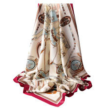 Senhora de alta qualidade impresso lenço de seda com padrão de cadeia de sarja de seda de poliéster 90x90 cm lenço quadrado
